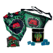 Green and black branded product set with a jar and gummy bears on a white background