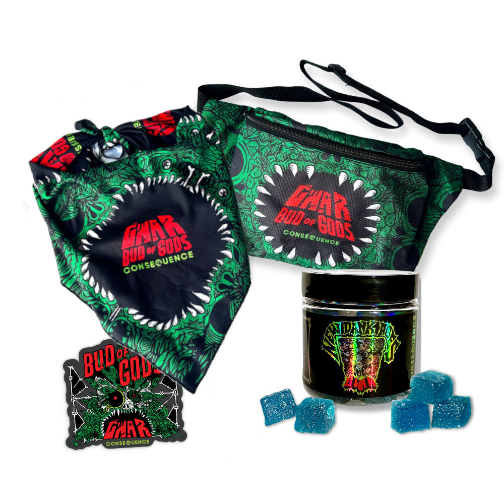 Green and black branded product set with a jar and gummy bears on a white background