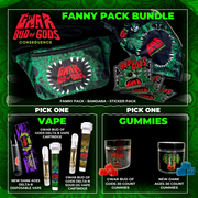 Fanny pack bundle with vape and gummies options on a green background