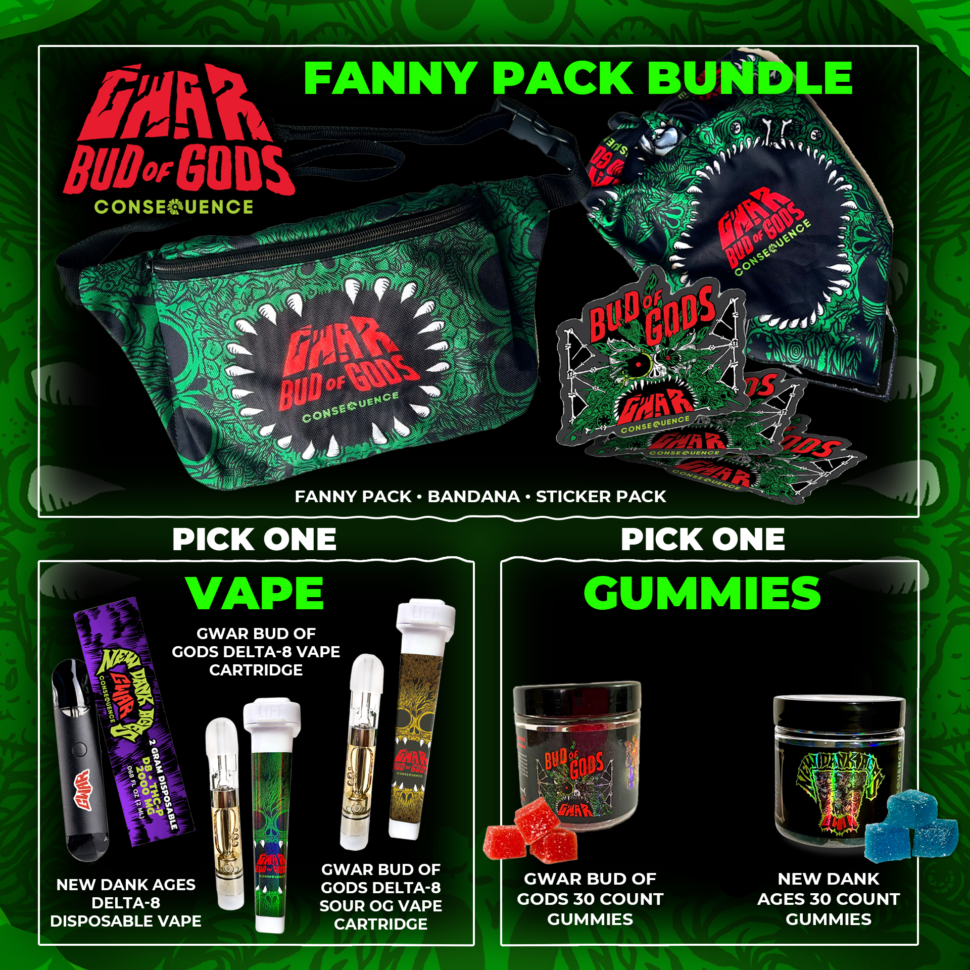Fanny pack bundle with vape and gummies options on a green background