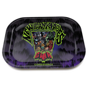 A rectangular metal rolling tray with a graphic print of a character and the text 'NEW DANK AGES.
