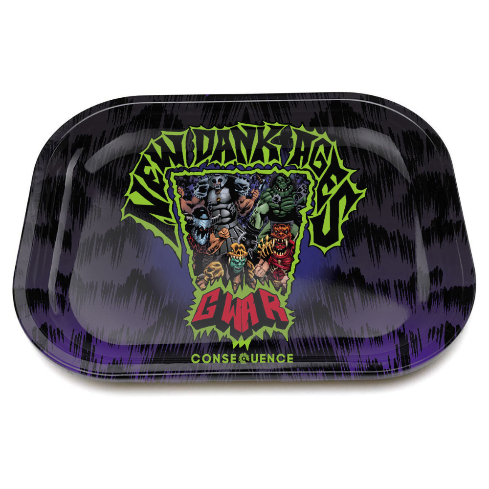 A rectangular metal rolling tray with a graphic print of a character and the text 'NEW DANK AGES.