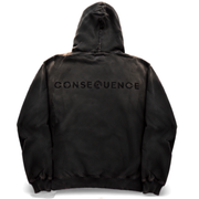 A black hooded jacket shown from the back, featuring the word 'CONSEQUENCE' printed across the upper back in a matching black tone, set against a plain white background.