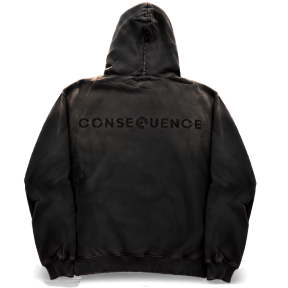A black hooded jacket shown from the back, featuring the word 'CONSEQUENCE' printed across the upper back in a matching black tone, set against a plain white background.