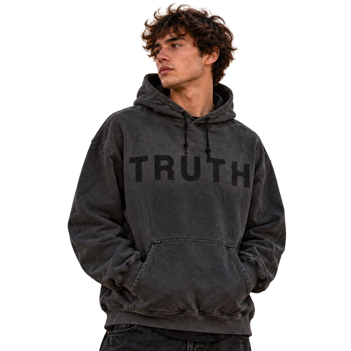 A man wearing a dark gray washed hoodie with the word 'TRUTH' printed in black across the chest, shown against a plain white background.
