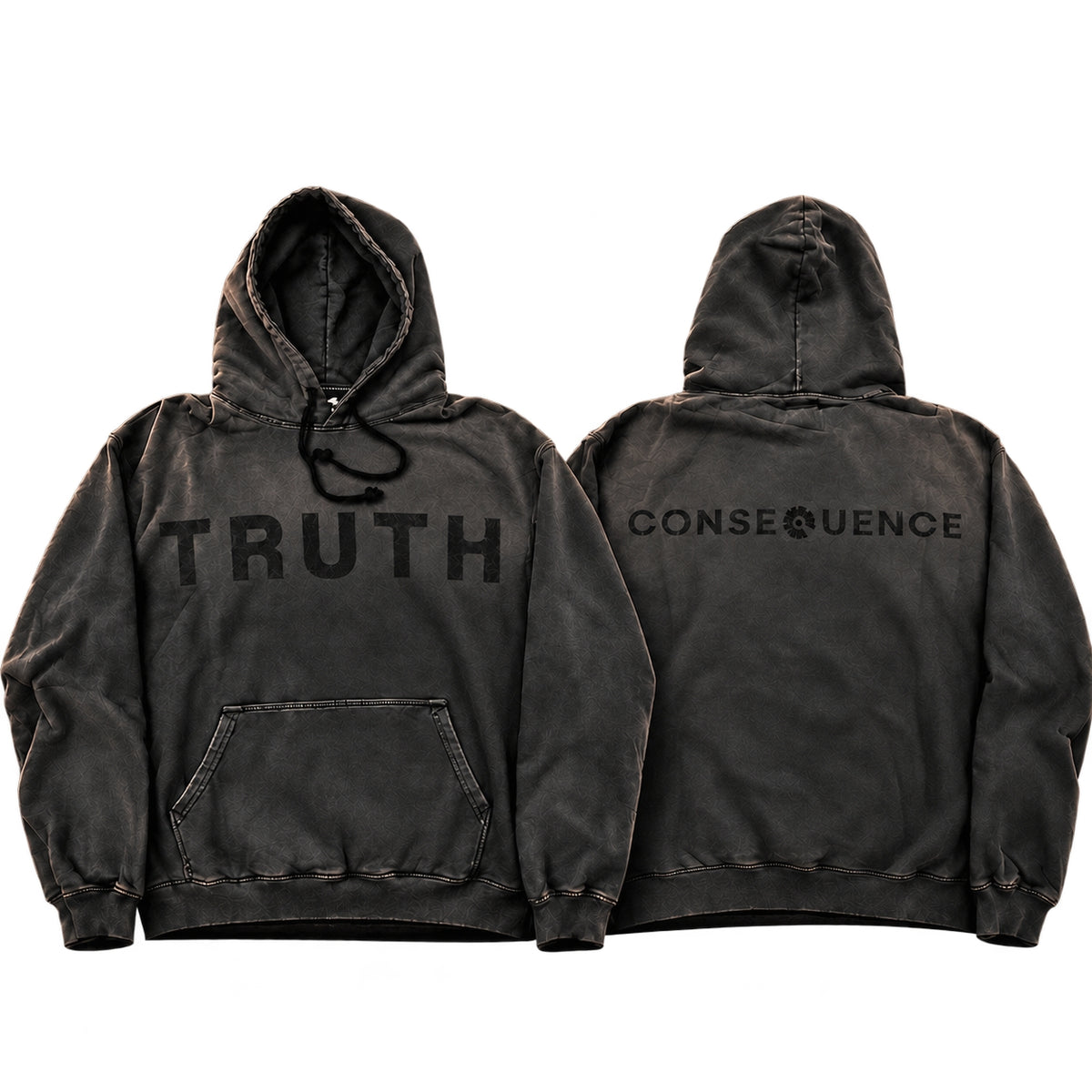 Two views of a washed black pullover hoodie on a white background. The front view shows the word 'TRUTH' printed across the chest, and the back view shows 'CONSEQUENCE' printed across the upper back.