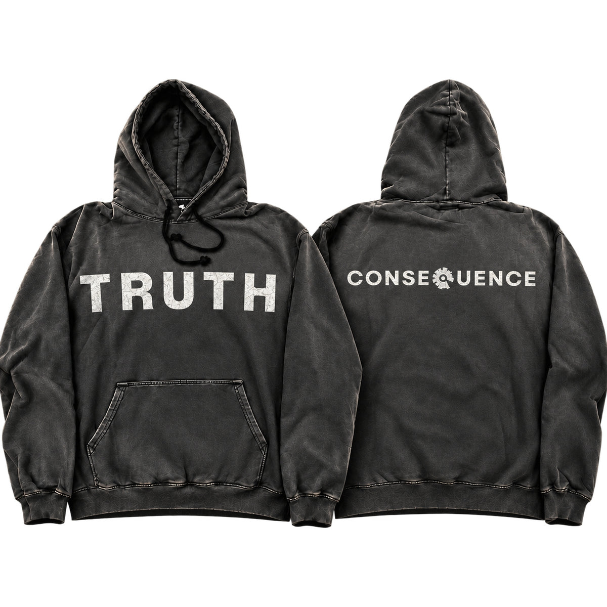 Two views of a washed black pullover hoodie on a plain white background. The front view shows the word 'TRUTH' printed in large white block letters across the chest, and the back view shows 'CONSEQUENCE' in white block letters with a small white flower icon replacing the 'O'.