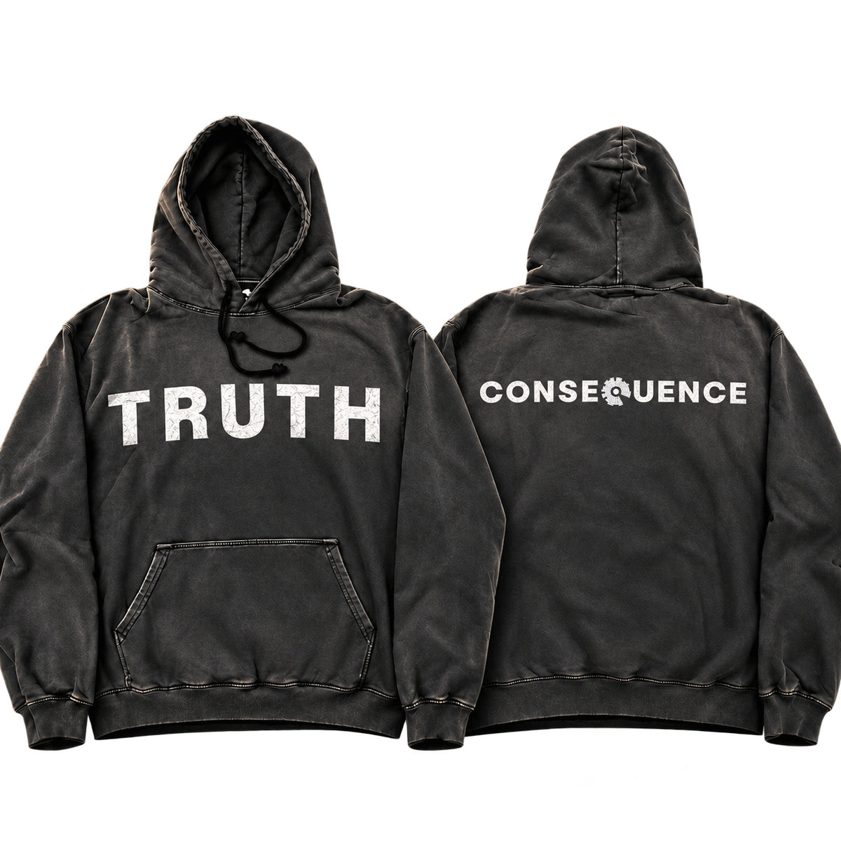 Two views of a washed black pullover hoodie on a white background. The front view shows the word 'TRUTH' printed in distressed white capital letters across the chest, and the back view shows 'CONSEQUENCE' in a similar white distressed font.
