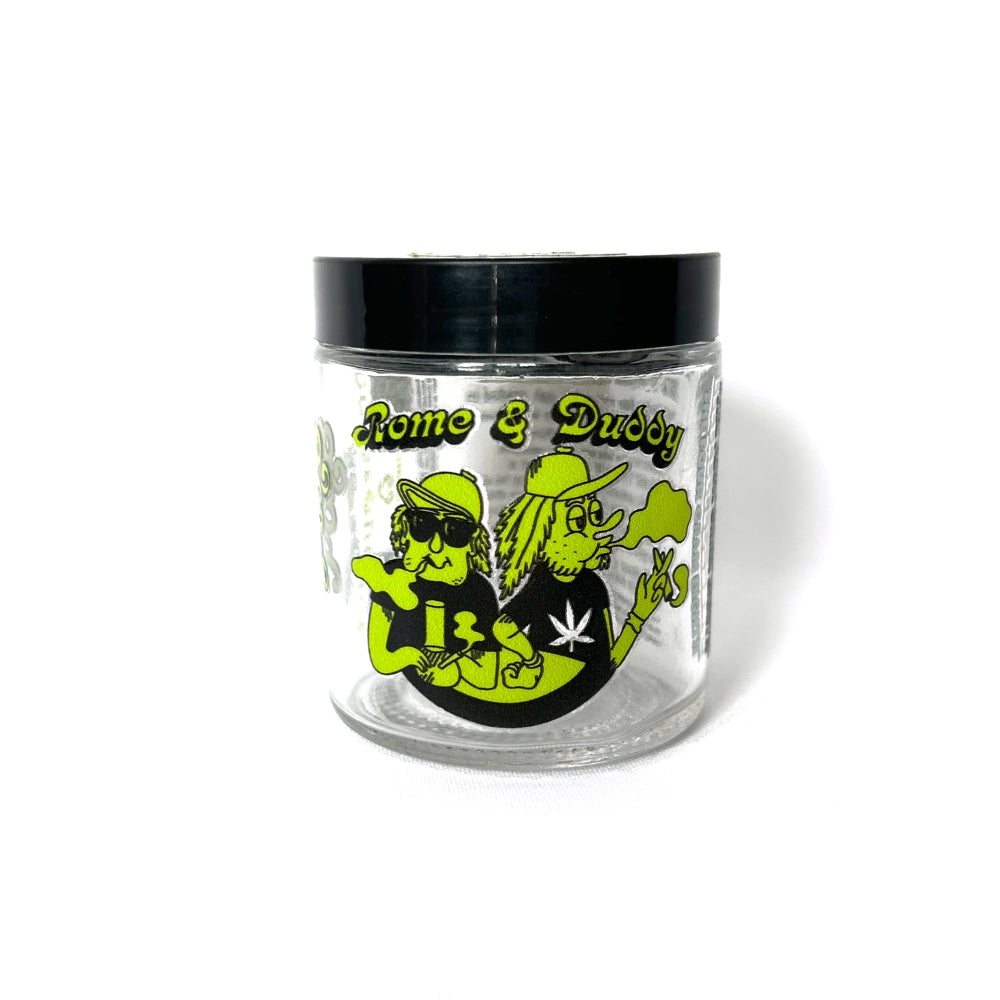 Clear jar with black lid featuring cartoon characters and text on a white background