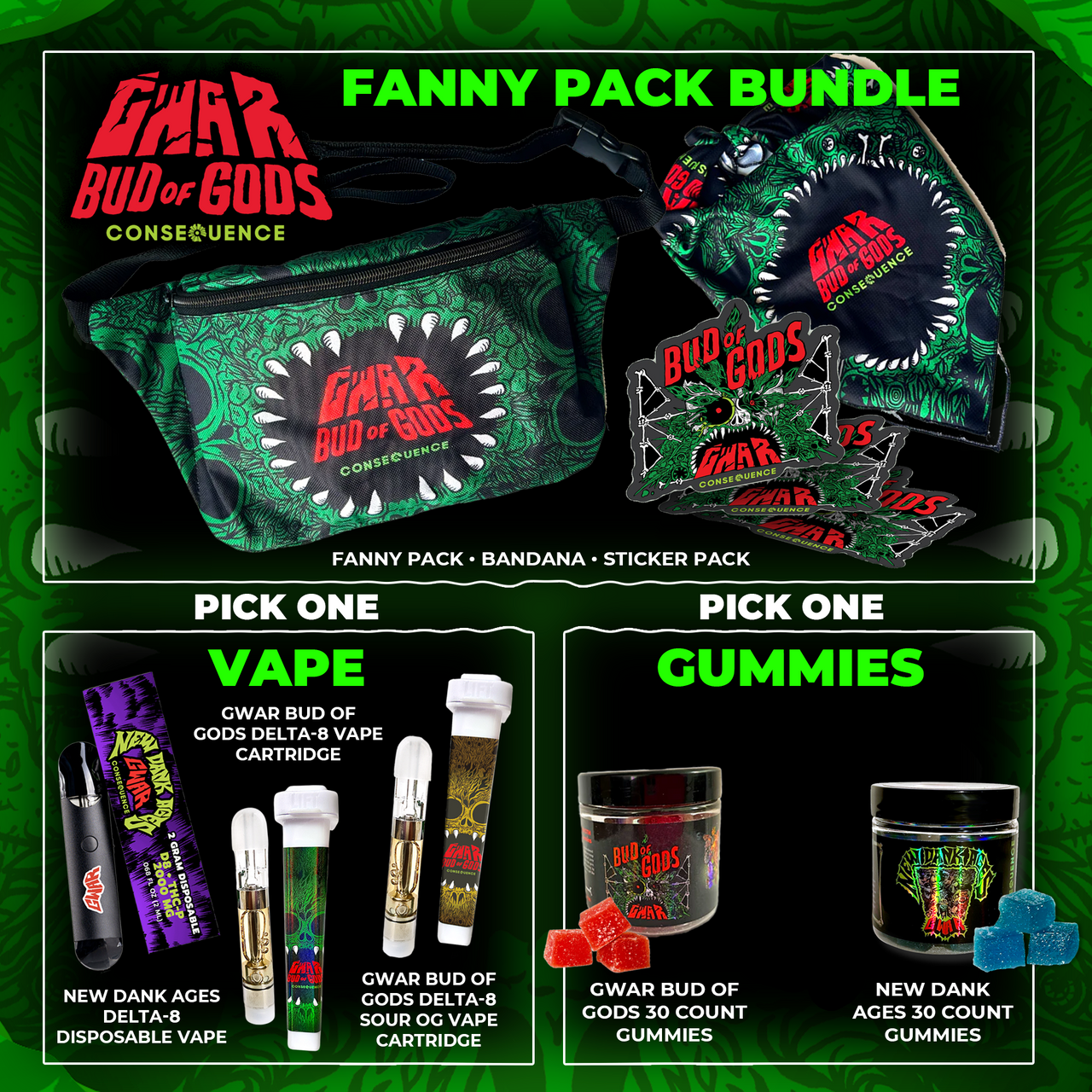 Fanny pack bundle with vape and gummies options on a green background