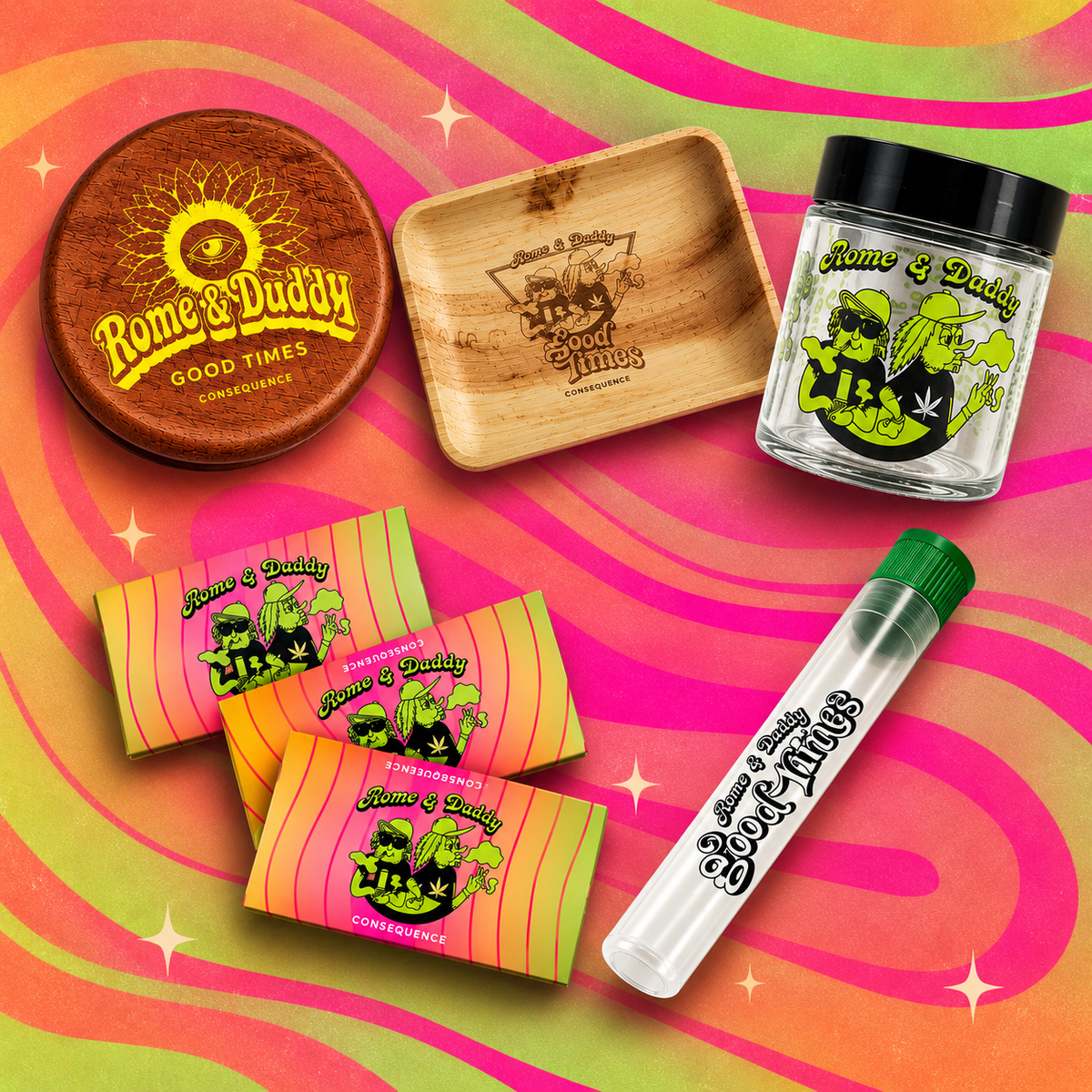 Rome & Duddy Good Times Grind & Stash Kit — Wooden Grinder, Rolling Tray, Collectible Jar, Rolling Papers, Pre-Roll Tube