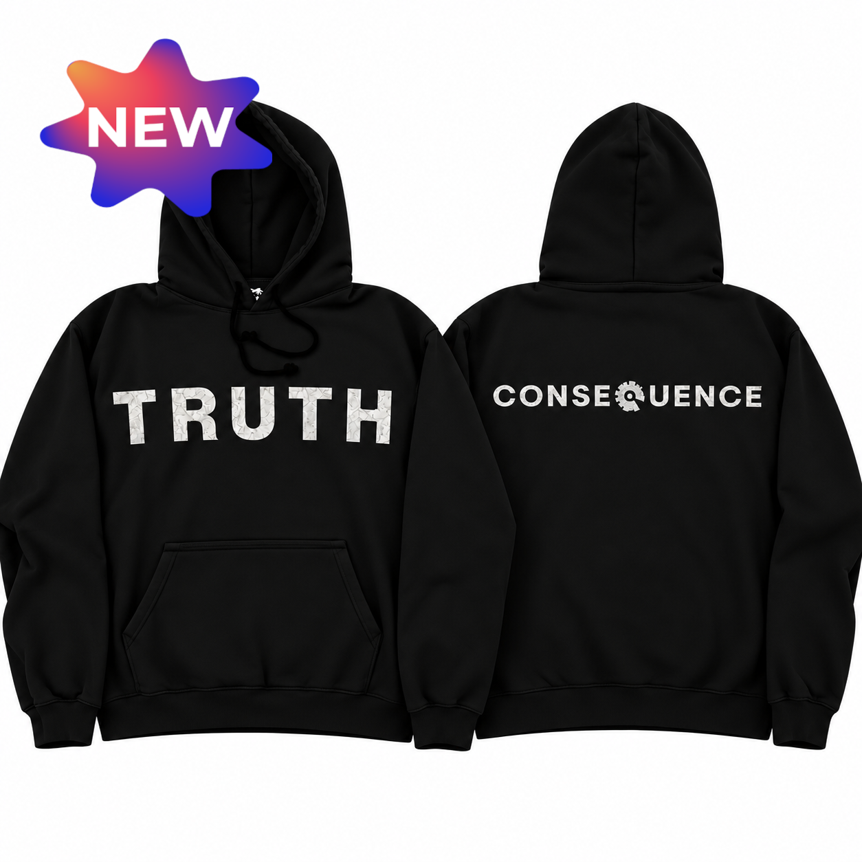 NEW Consequence Truth Is Consequence premium hoodie in black with distressed white print, TRUTH on the front chest and CONSEQUENCE across the back