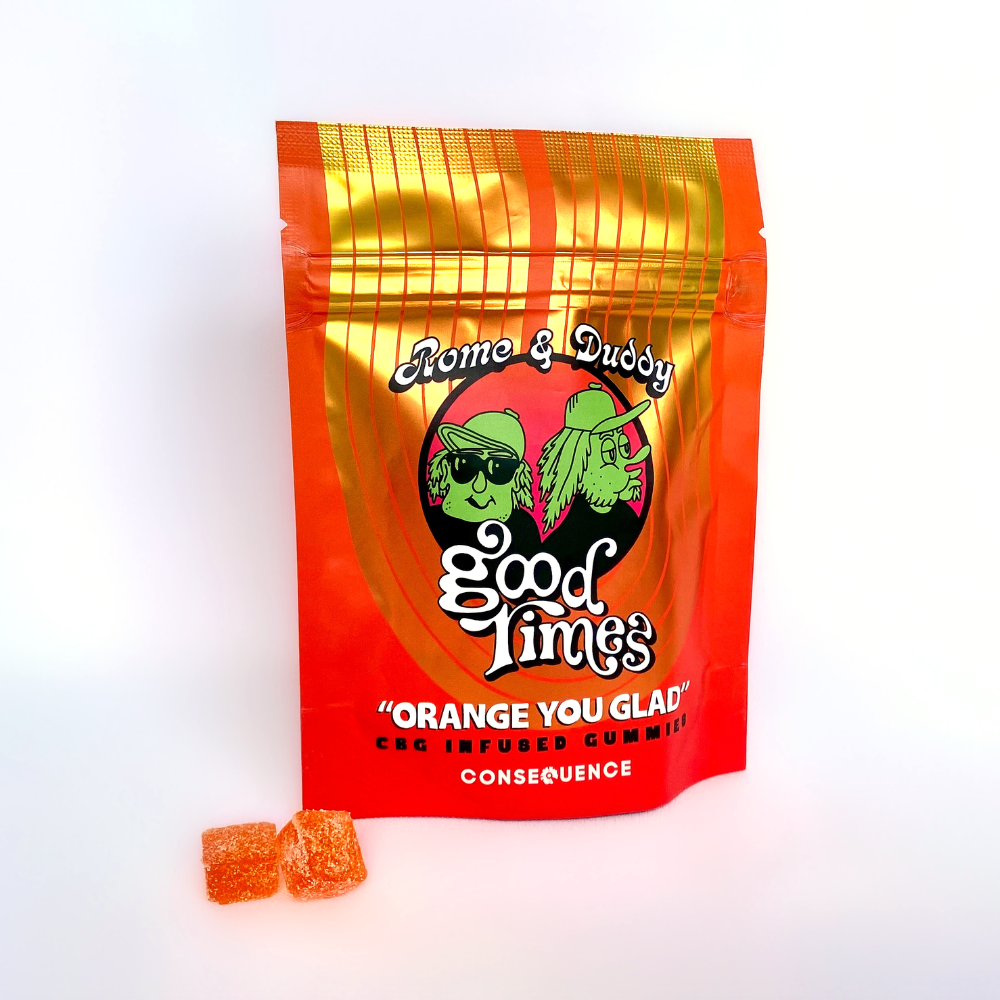 A package of Good Times Orange You Glad CBG Gummies